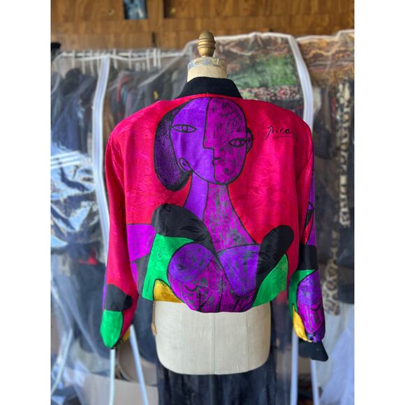 VTG 80s Multicolor Satin Bomber Jacket Colorblock Shoulder Pads OS
OS - Picture 4 of 4